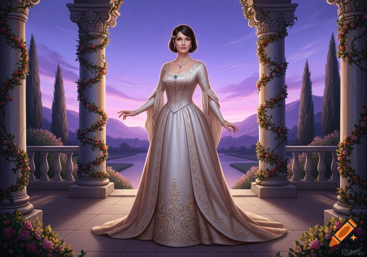 A woman in a white ornate gown stands on a moonlit balcony with rose ...