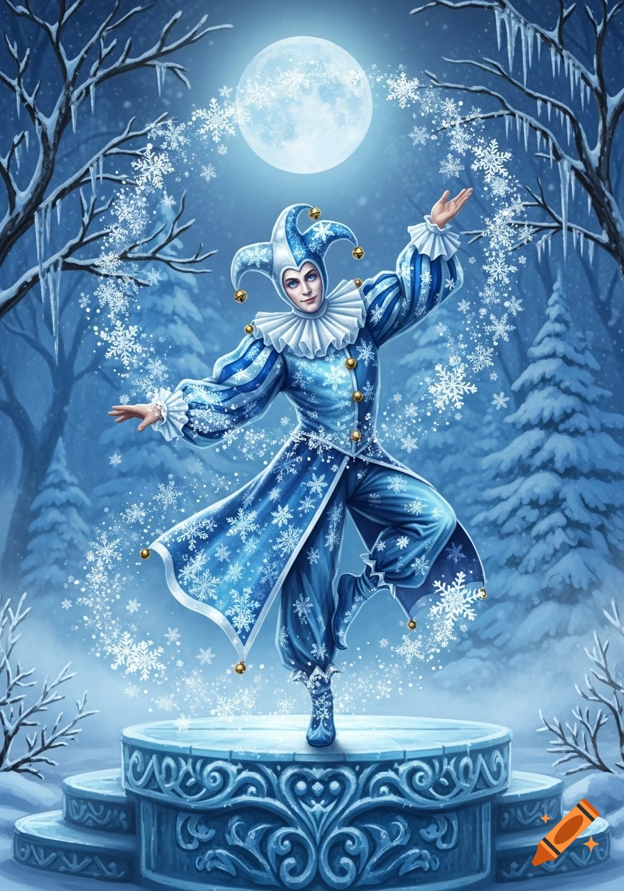 An ice jester in a blue and white snowflake costume poses on an icy pedestal under a full moon, surrounded by winter trees and falling snow.