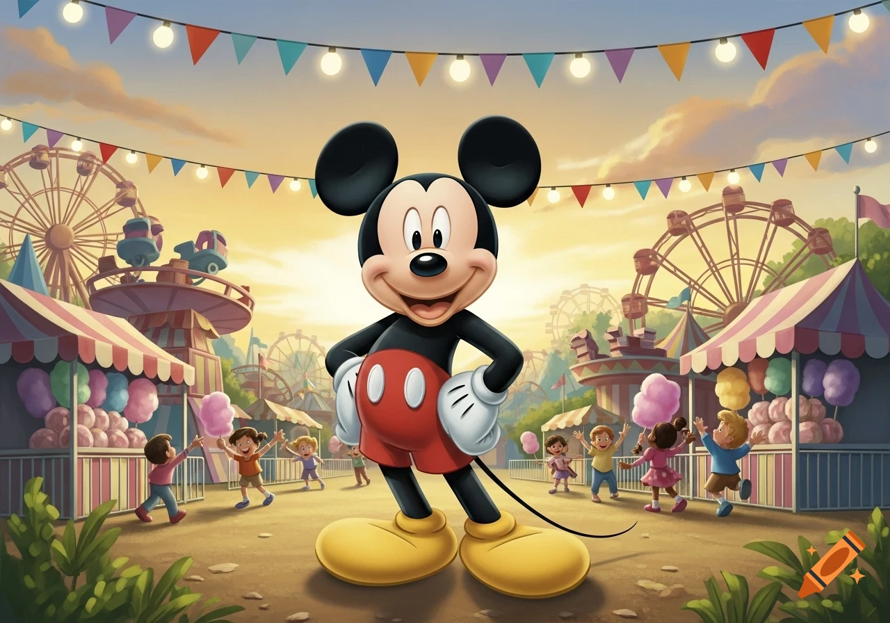 Mickey Mouse stands smiling at a vibrant fairground with Ferris wheels and children playing with cotton candy.