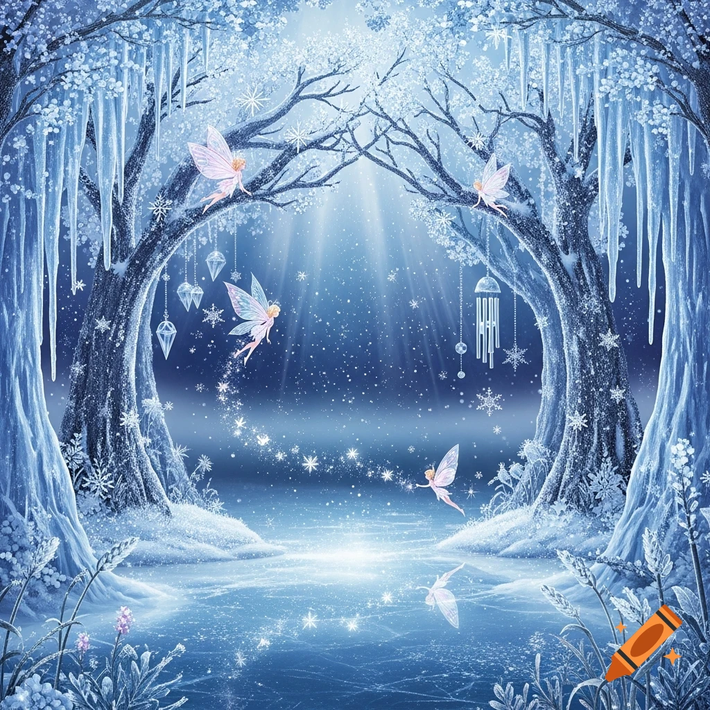 A magical winter forest scene with snow-covered trees, sparkling ice, icicles, and fairies flying and perched in the branches.