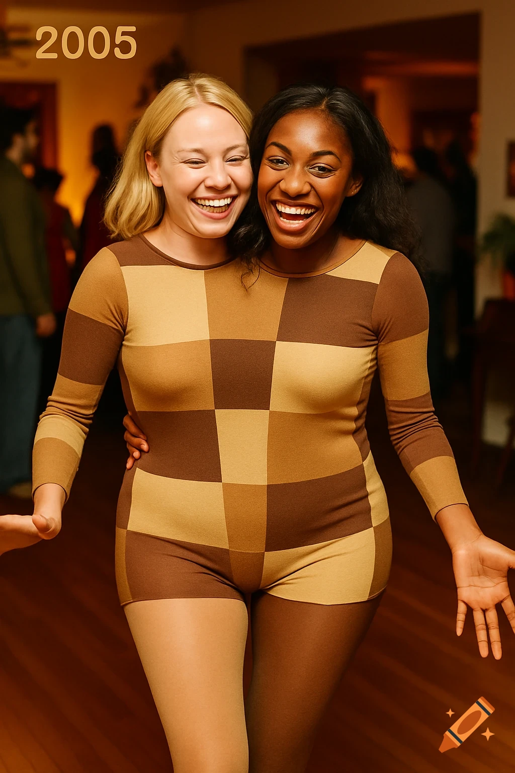 Two smiling women in a brown and tan checkered leotard create a two-headed illusion at a 2005 Halloween party.