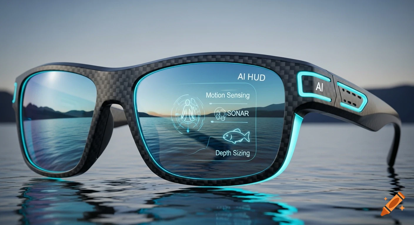 Sleek black and cyan AI fishing glasses with a HUD showing motion sensing, sonar, and depth sizing, floating on calm water.
