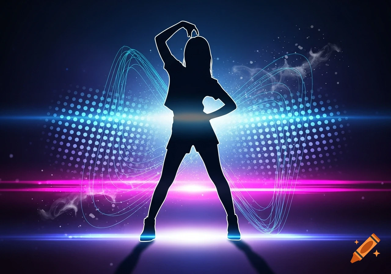 A vibrant digital art image of a female silhouette posing against a glowing blue and magenta abstract background with light streaks and dots.