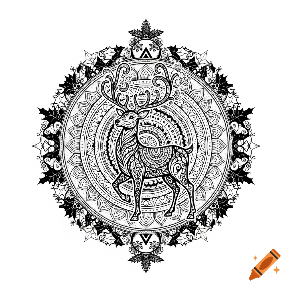 Black and white mandala art featuring a reindeer with ornate antlers surrounded by intricate patterns and holly leaves.