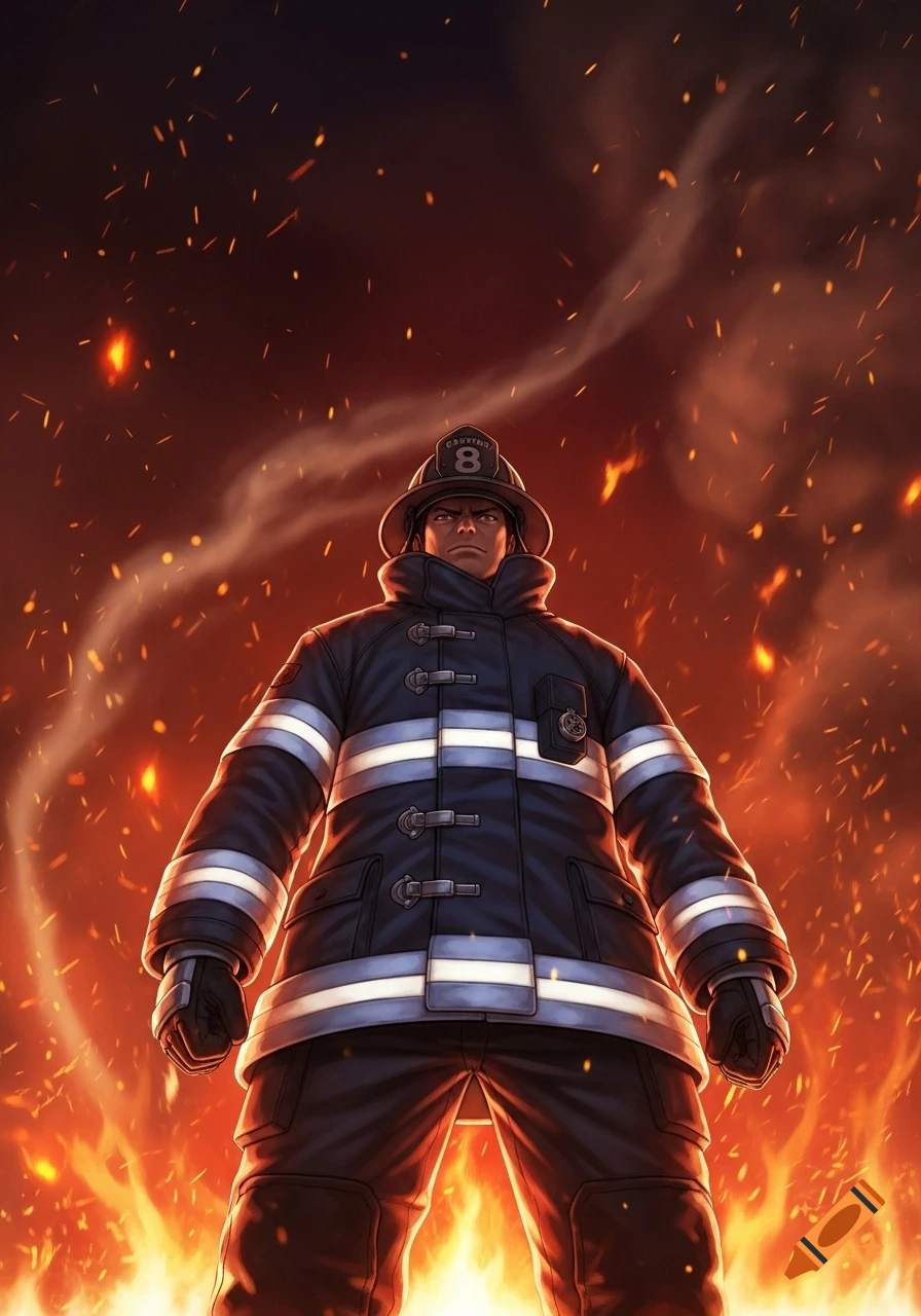A strong, low-angle depiction of a firefighter in a dark uniform and helmet, standing defiantly amidst bright orange flames and smoke.