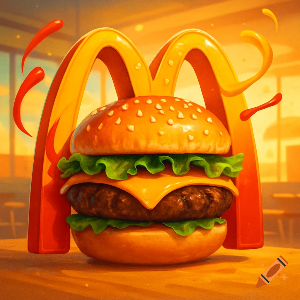 A vibrant, stylized cheeseburger stands in front of a large golden 'M' logo, with red and yellow splashes.