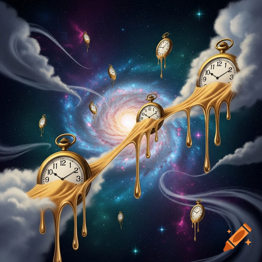 Surreal image of golden pocket watches melting and floating through cosmic space with a vibrant galaxy and ethereal clouds.