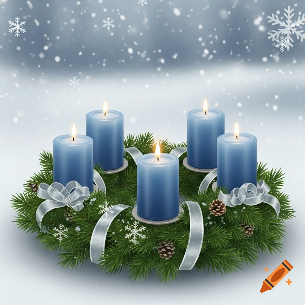 An Advent wreath with five blue candles, four lit, adorned with silver ribbons, pinecones, and snowflakes, set against a snowy background.