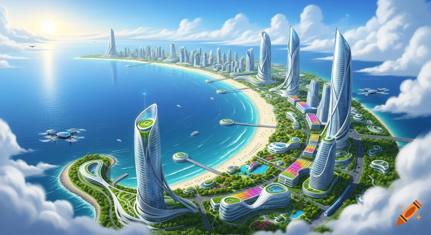 Aerial view of a vibrant futuristic city with sleek white skyscrapers and green spaces along a crescent-shaped coastline. Drones fly over the blue ocean.
