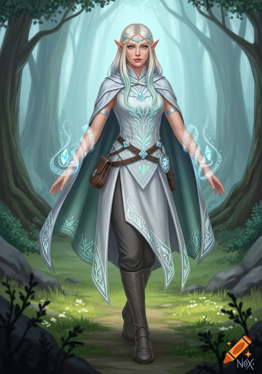 A blonde elf in glowing white and mint robes walks a forest path, magic shimmering from her hands, in a detailed fantasy illustration.