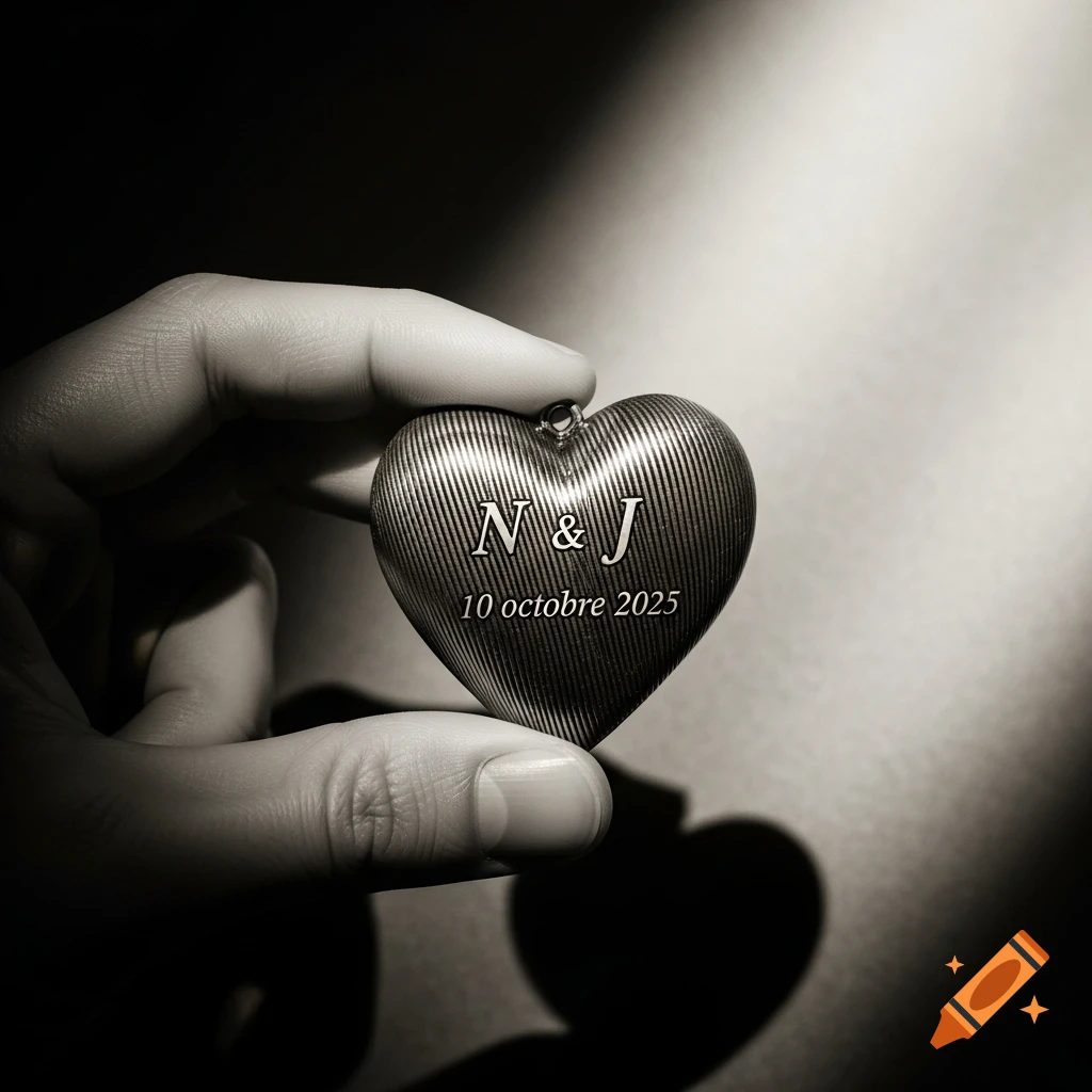 Close-up, black and white photograph of a hand holding a textured heart-shaped locket engraved with 'N & J 10 octobre 2025'.