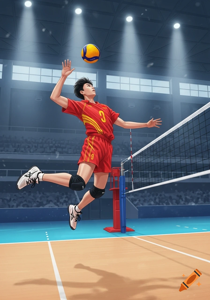 An anime-style male volleyball player in a red uniform with number 9 jumps to spike a yellow and blue volleyball in a brightly lit indoor arena.