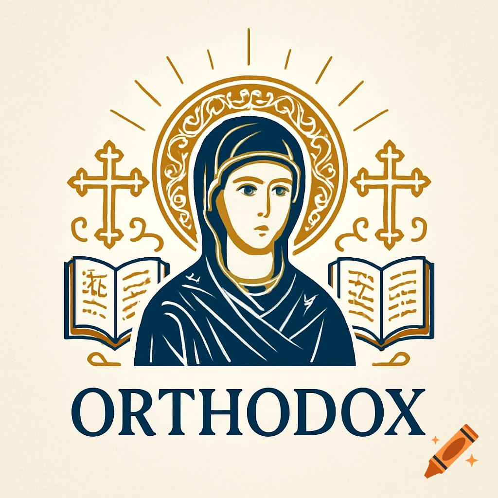 Stylized icon of the Virgin Mary in a blue robe with a gold halo, flanked by two golden crosses and open books, above the word ORTHODOX.