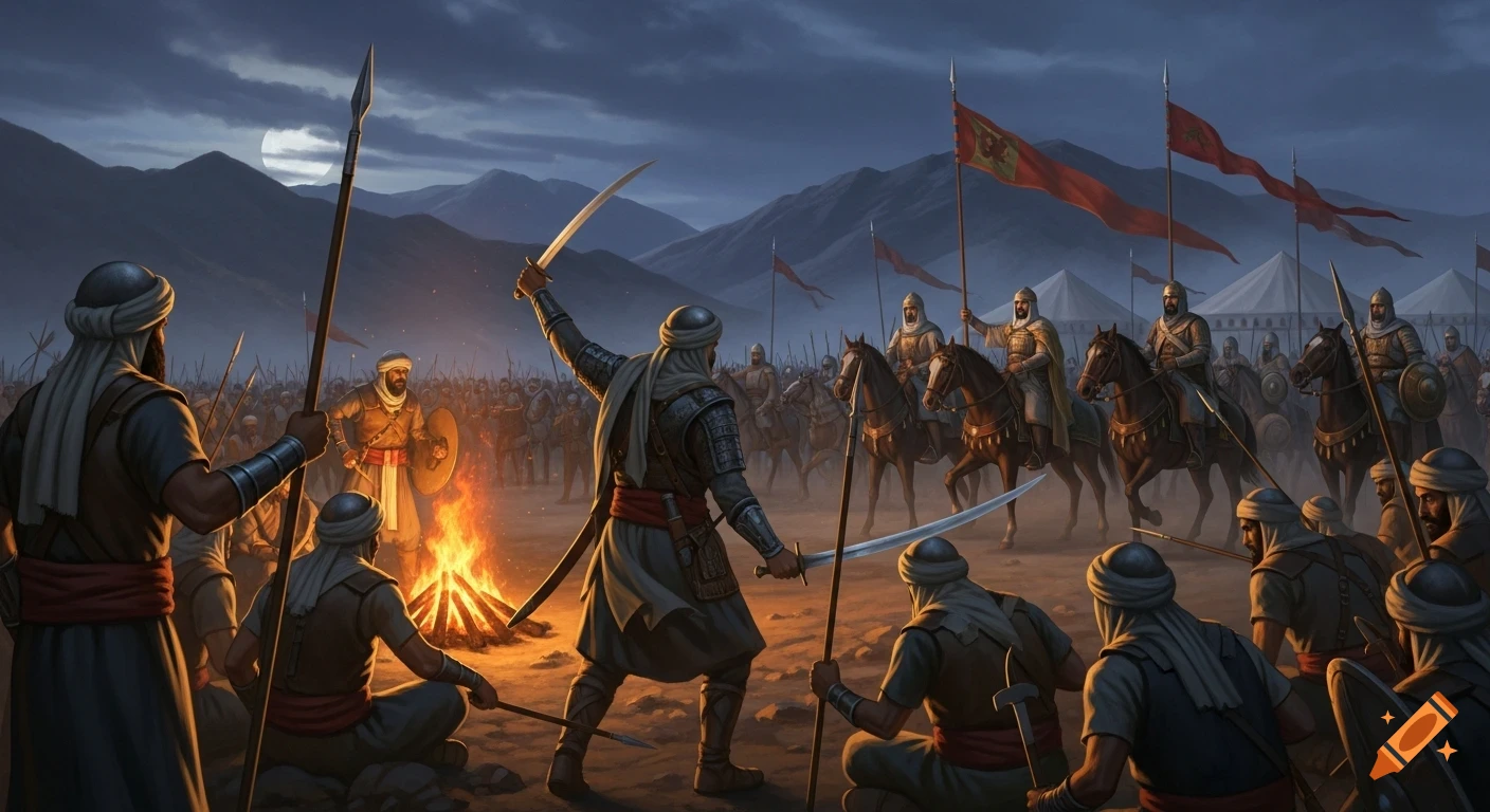 Epic night battle scene: soldiers in turbans and armor gather by a bonfire, with mounted troops and flags under a full moon and mountains.