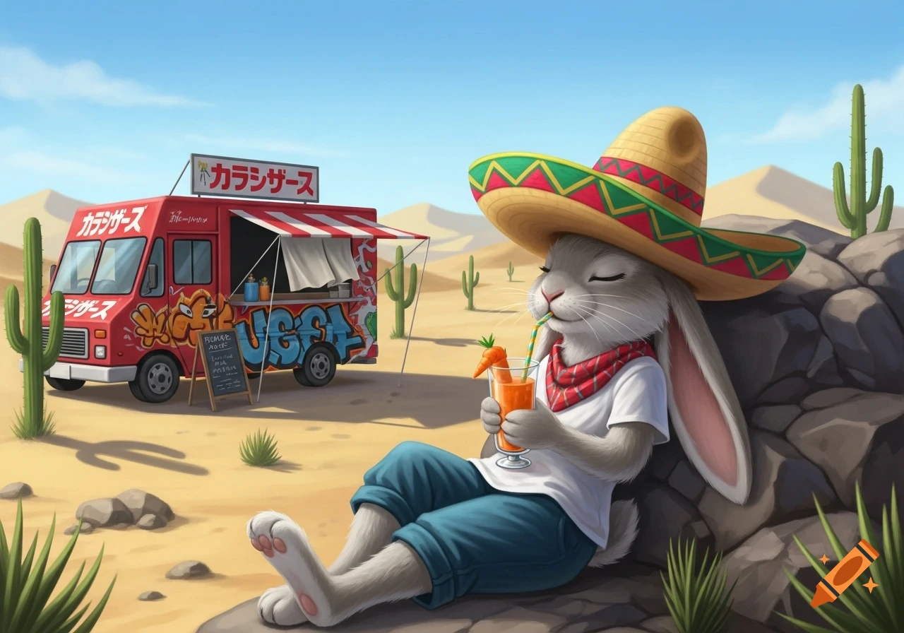 A humanized rabbit in a sombrero relaxes in a desert, sipping carrot juice beside a Japanese food truck, in a cartoon style.