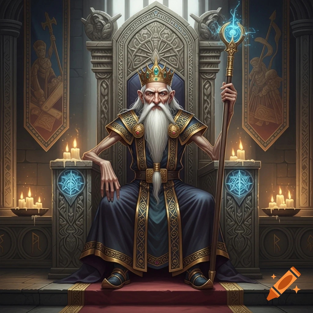 An ancient, extremely thin king with a long white beard sits on a stone throne in a fantasy hall, holding a glowing staff. Dnd style art.