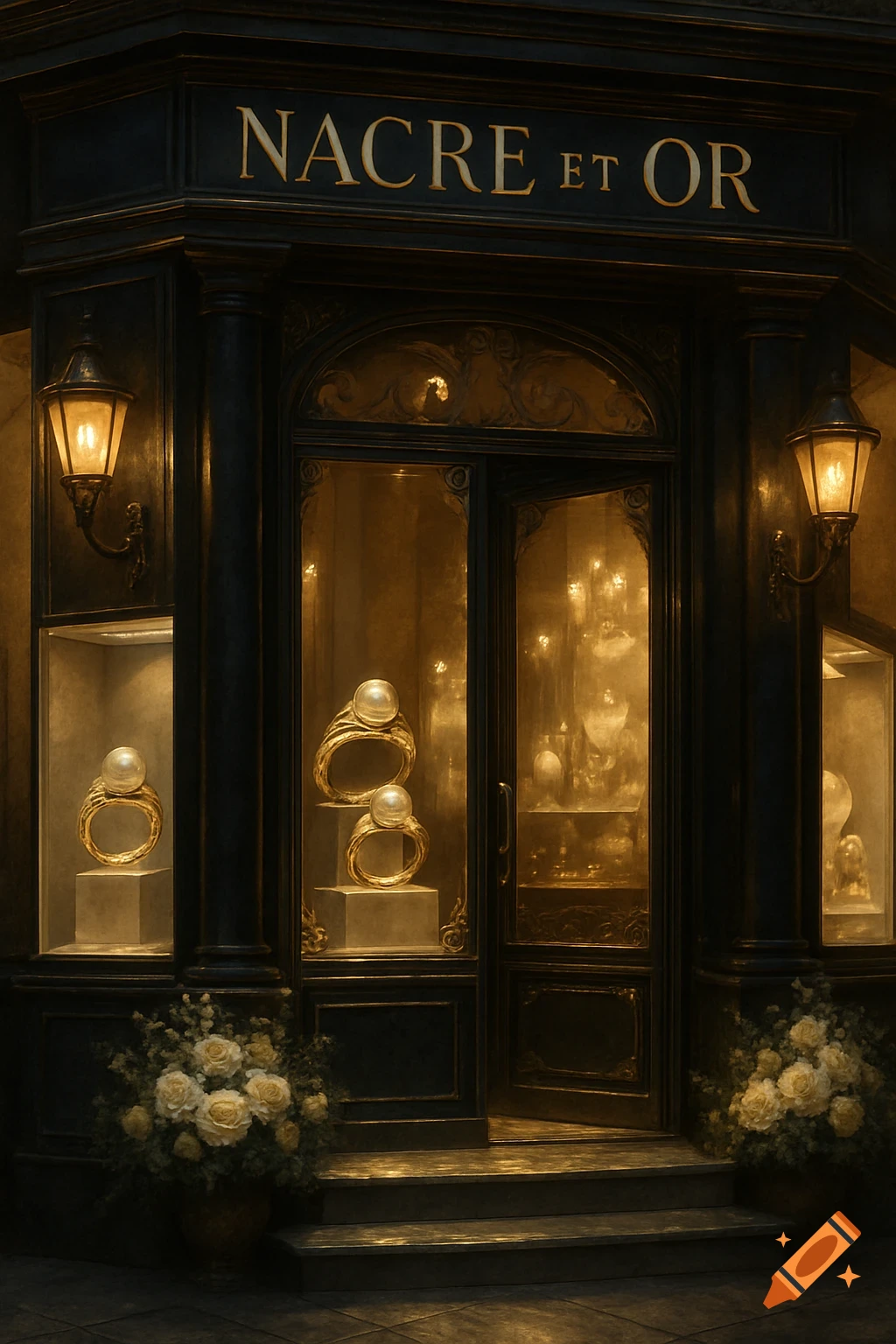 A warmly lit luxury jewelry shop facade with the name 'NACRE ET OR', displaying pearl and gold rings in window displays, flanked by white rose bushes.