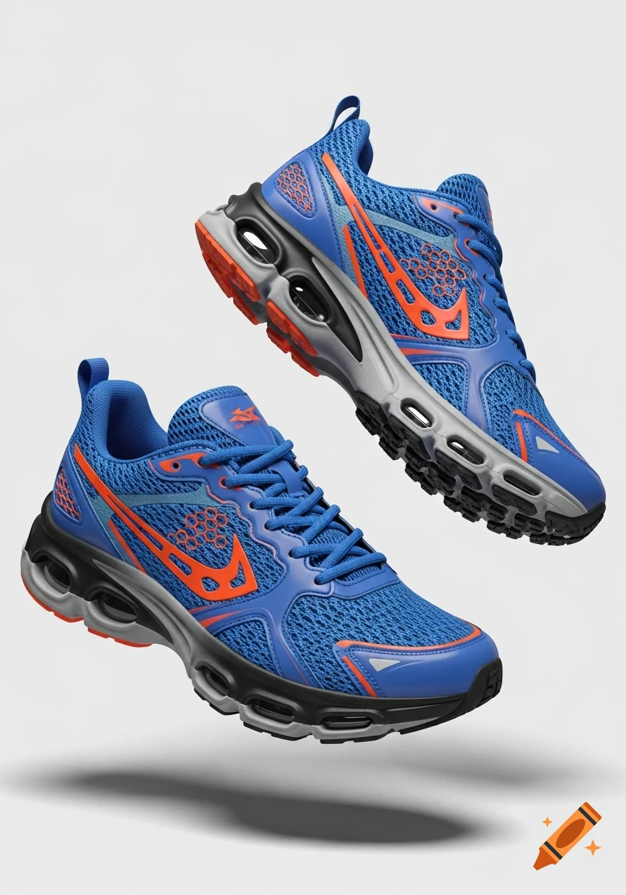 A pair of blue and orange running shoes with complex soles float against a plain white background.
