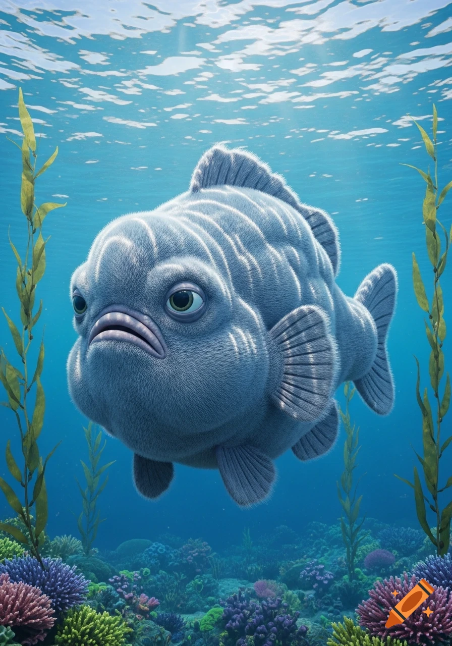 A fluffy, lumpy blue fish with an expressive face swims underwater among green seaweed and colorful coral.