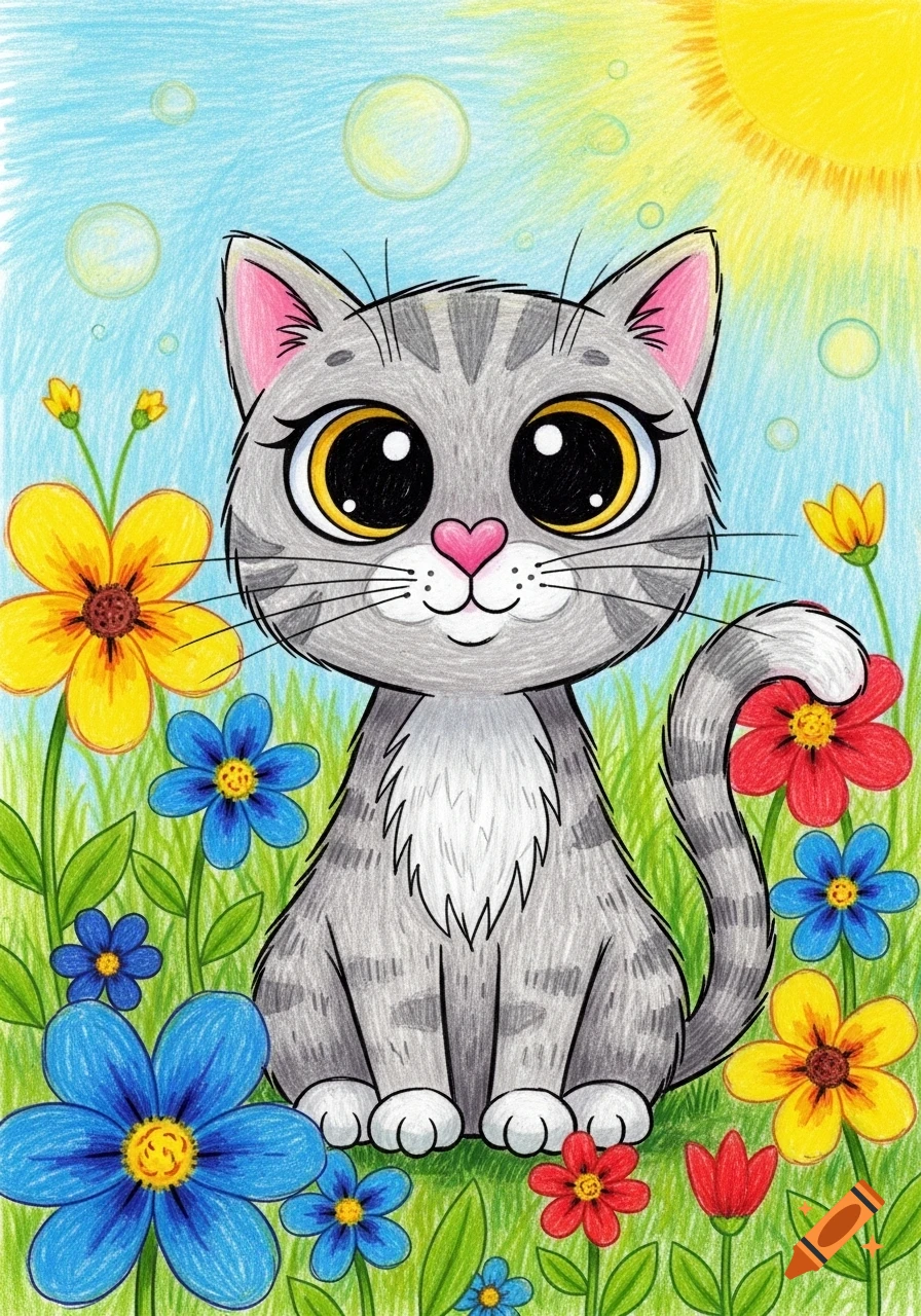 A childlike colored pencil drawing of a smiling grey tabby cat with big eyes sitting among bright yellow, blue, and red flowers under a sunny sky.