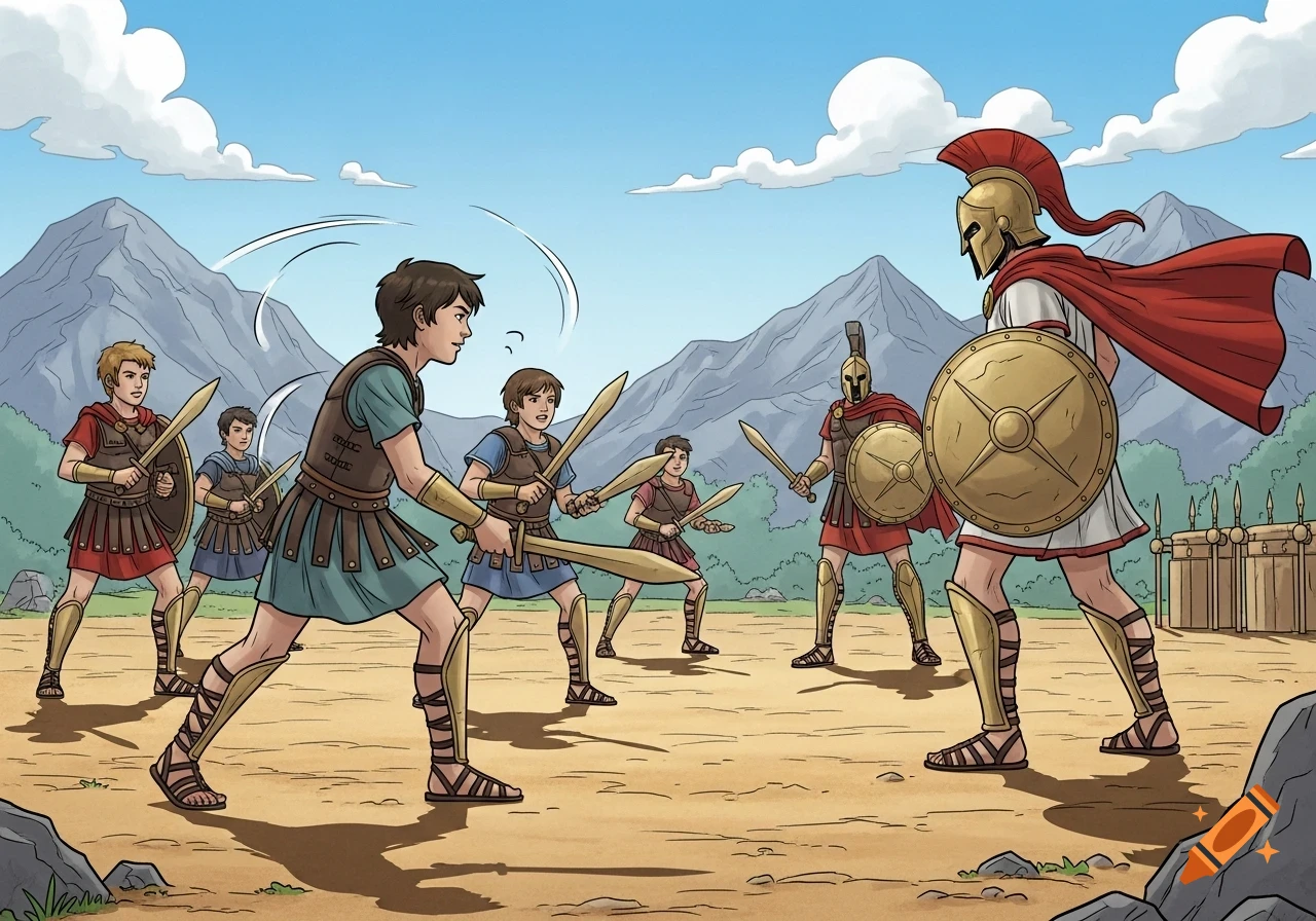 Comic-style illustration of young Spartan boys training with wooden swords, overseen by armored adult Spartans in an outdoor setting with mountains.
