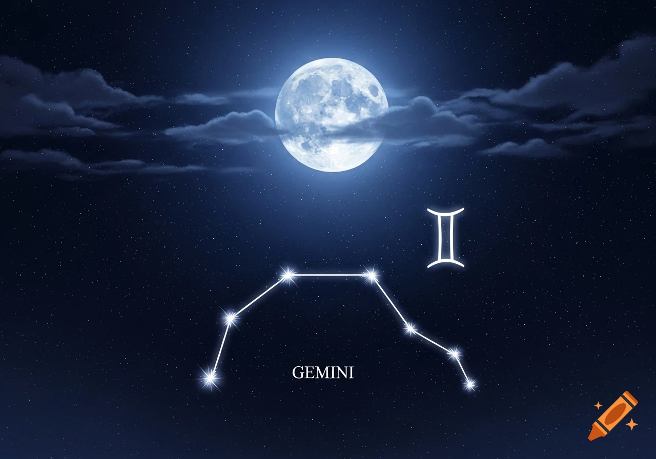 Gemini constellation glowing under a bright full moon in a starry night sky with wispy clouds.