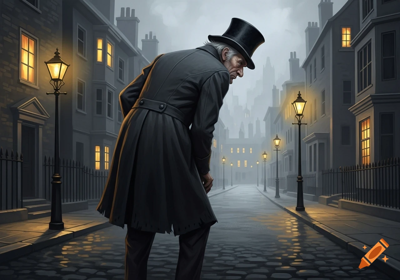 An old man in a top hat and long coat, resembling Ebenezer Scrooge, walks through a foggy, gaslit Victorian street at night.