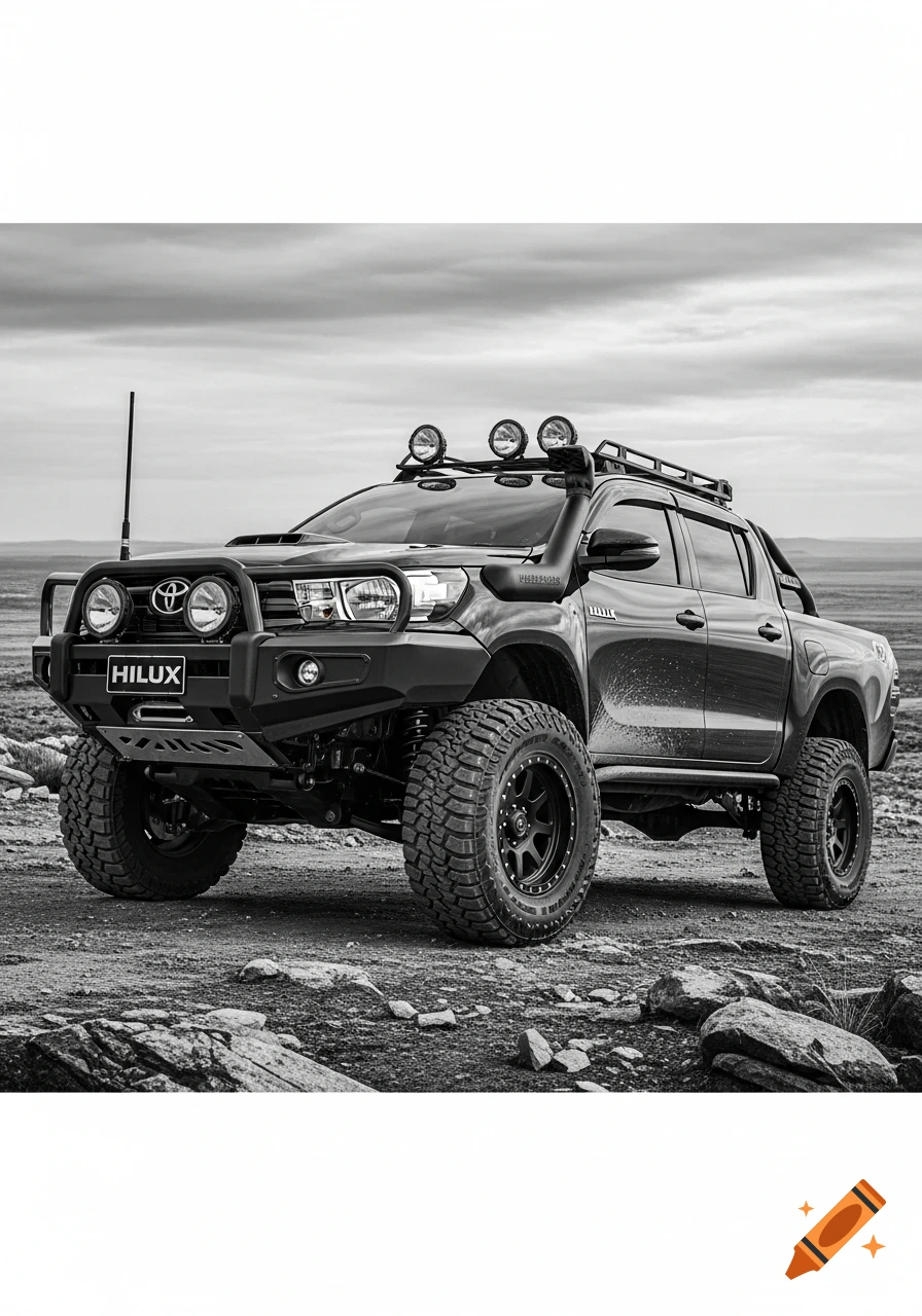 Black and white photo of a lifted Toyota Hilux off-road truck with a snorkel, bull bar, and roof rack, parked on a rocky terrain.
