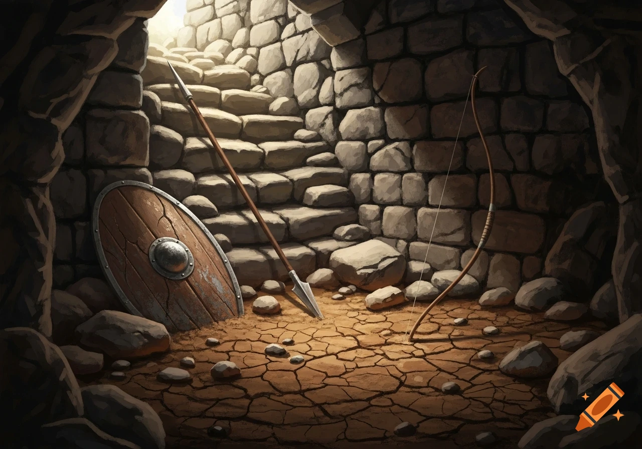 A weathered wooden shield, spear, and bow rest on cracked dry earth in a stone cave, lit by sunlight from above.