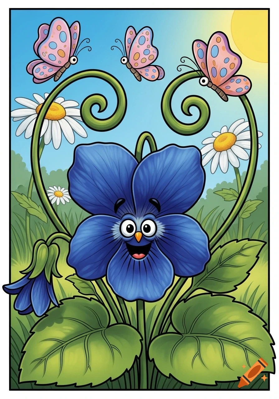 A vibrant cartoon of a smiling blue violet flower with a face, surrounded by daisies and pink butterflies under a sunny sky.