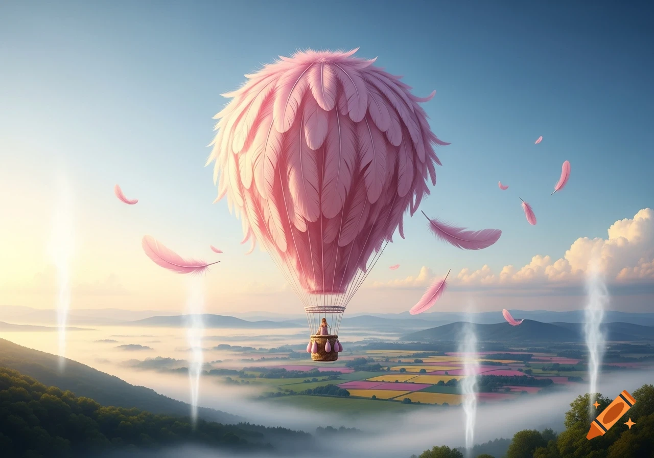 Whimsical pink feather hot air balloon flying over a misty, colorful landscape with mountains and fields at dawn.