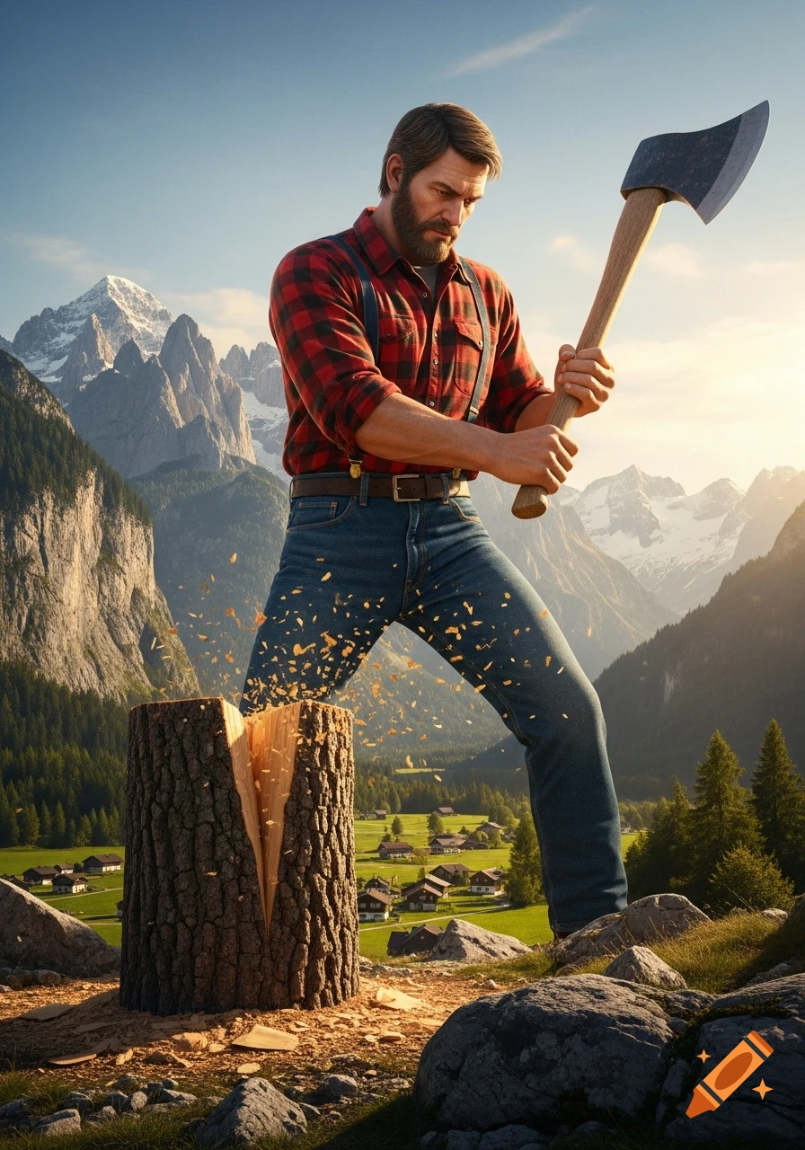 Photorealistic giant lumberjack in red flannel chopping wood in a stunning mountainous landscape with a village below.