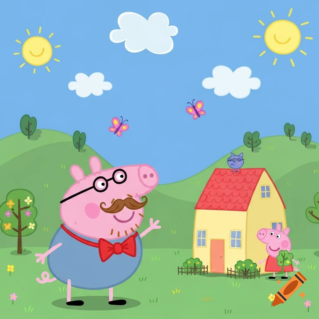 John Pork, a pink pig with a mustache and glasses, waves in a green field with Peppa Pig, her yellow house, and a purple cat on the roof under a blue sky with suns.