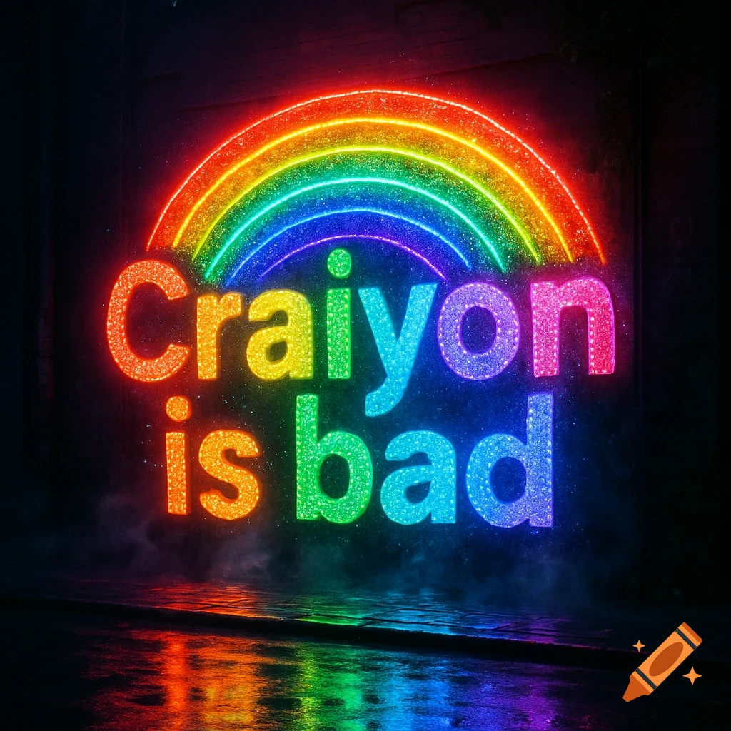 A bedazzled, rainbow-colored neon sign glowing in the dark, displaying the text 'Craiyon is bad' with reflections on a wet surface.