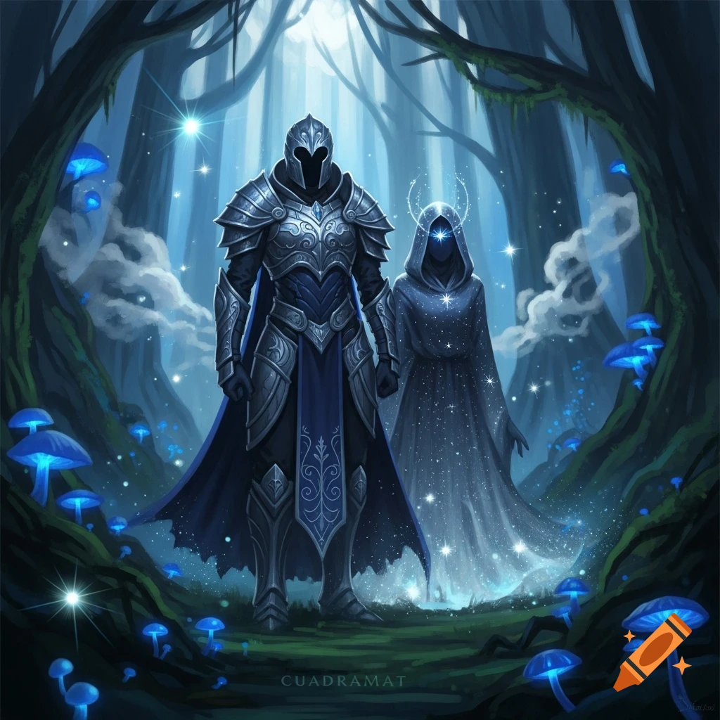 A knight in ornate armor and a cloaked, starry figure stand in a ...