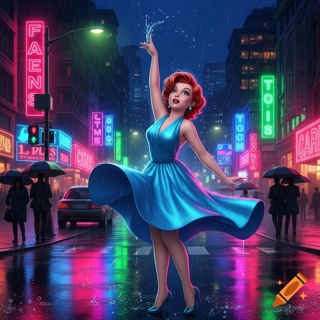 An illustrated woman in a blue dress does a Marilyn Monroe pose on a rainy city street at night, surrounded by colorful neon lights.