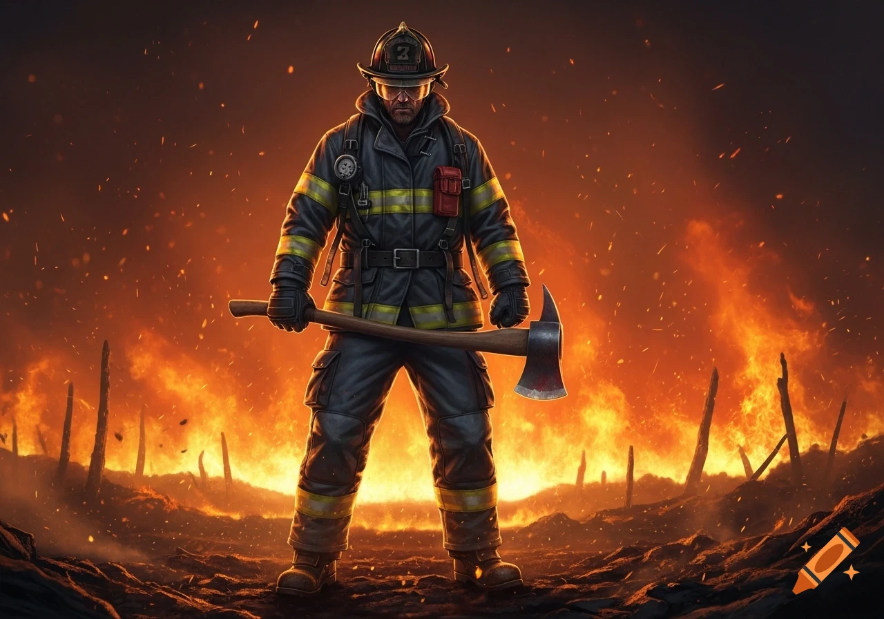 A determined firefighter with an axe stands amidst an inferno of raging flames, depicted in an epic, illustrative style.