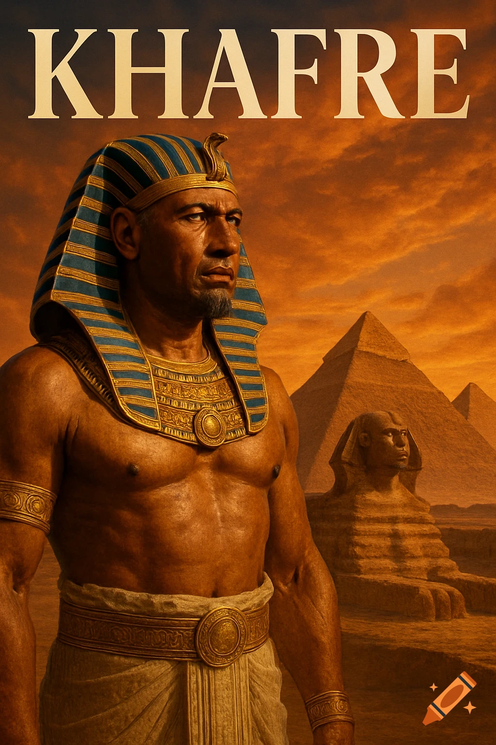 Photorealistic portrait of Pharaoh Khafre in royal regalia, standing before the Sphinx and Pyramids of Giza under a dramatic golden sunset.