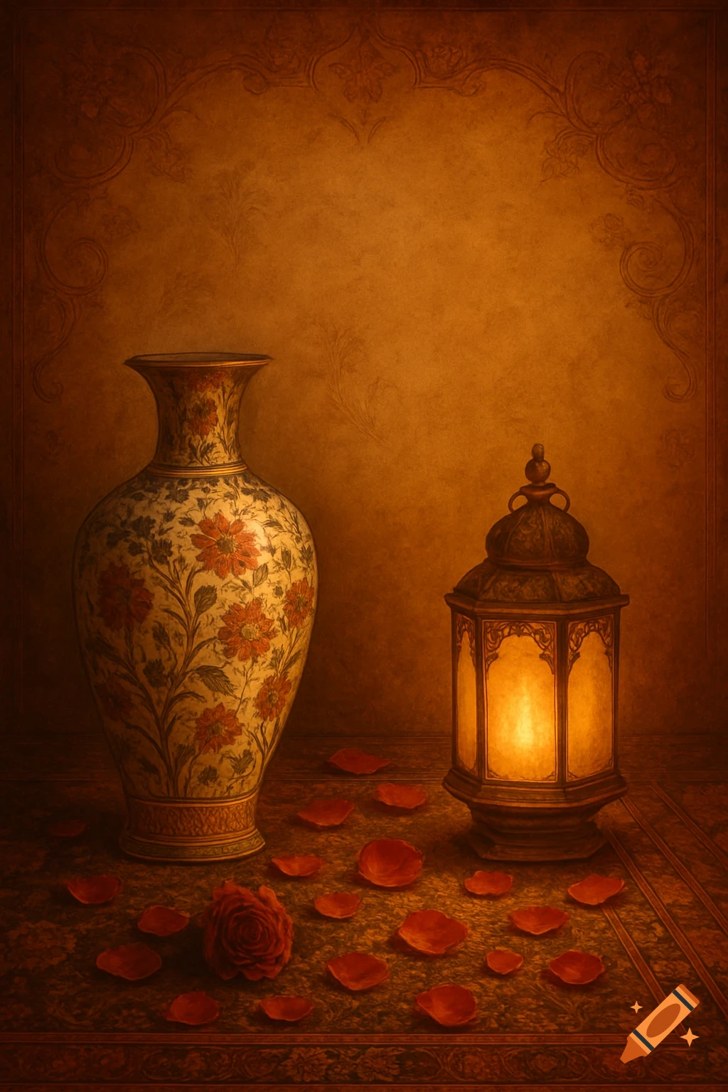 A decorative floral vase, a glowing lantern, a red rose, and scattered petals on a patterned table against an ornate wall in a warm, dimly lit setting.