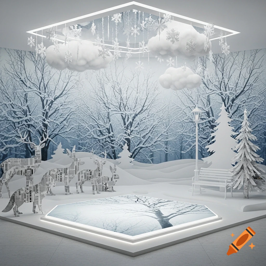 An indoor winter wonderland display featuring 2D animal silhouettes made of newspaper, a lamppost, bench, fir trees, and fluffy clouds with hanging snowflakes over a snow-covered forest backdrop.