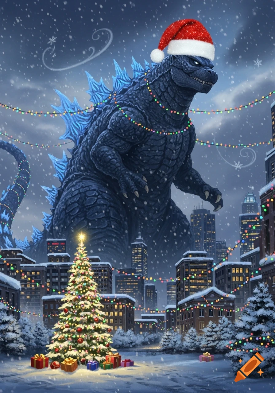 A giant Godzilla wearing a Santa hat and Christmas lights looms over a snowy city with a brightly lit Christmas tree and presents.