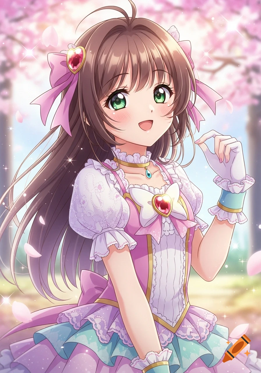 A smiling anime magical girl with brown hair and green eyes in a pink and purple dress with bows and heart jewels, against a cherry blossom background.