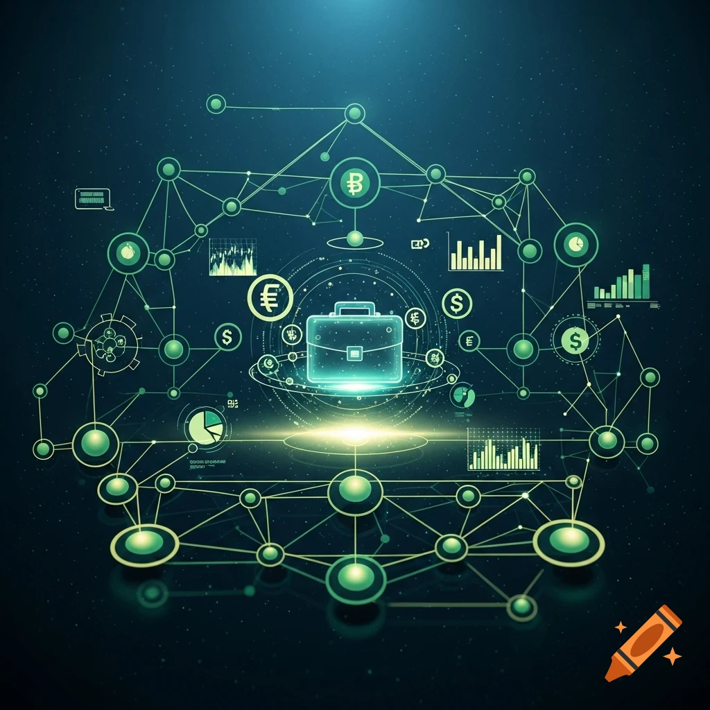 A glowing briefcase in a neon green and blue digital network surrounded by financial symbols and charts.