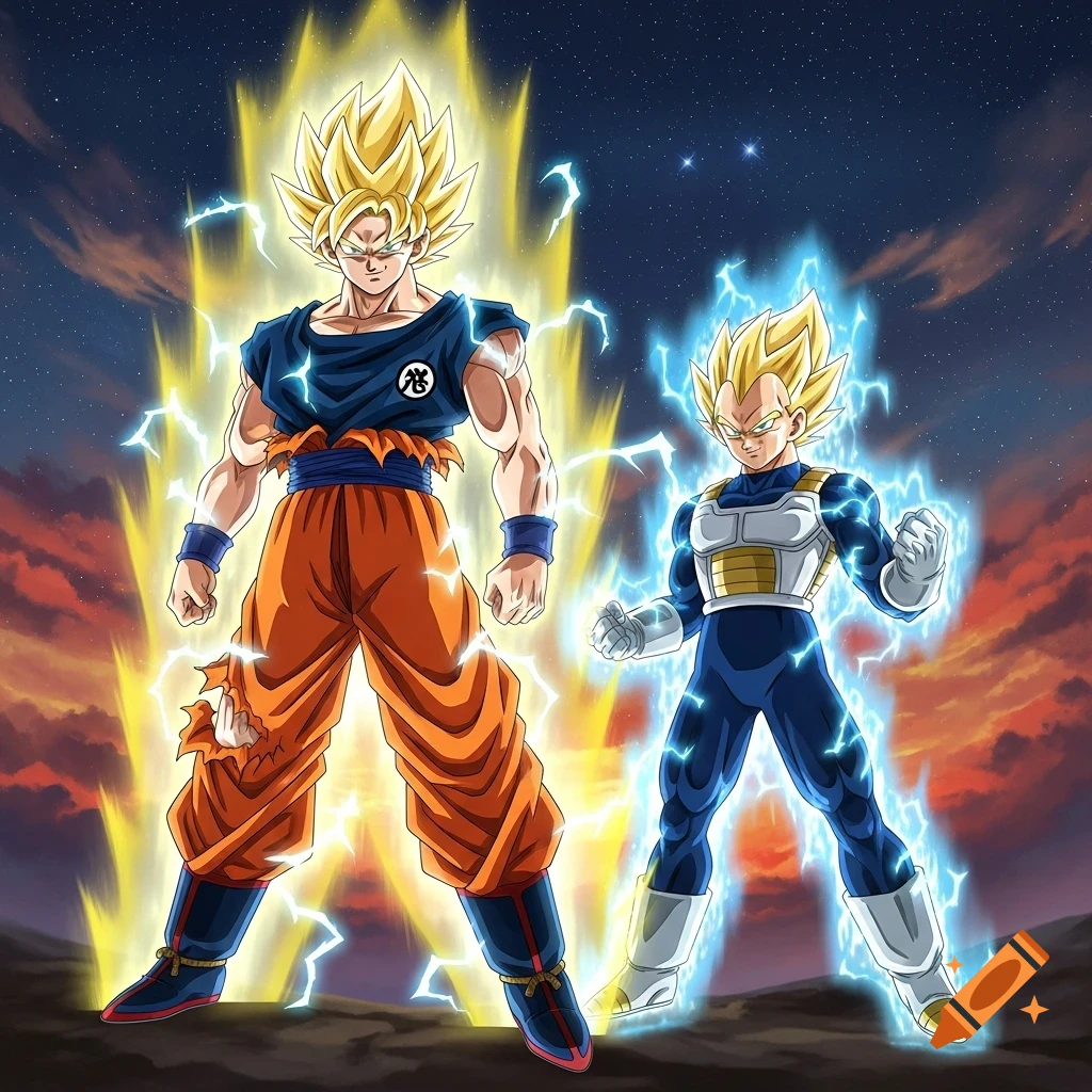 Goku and Vegeta from Dragon Ball, powered up as Super Saiyan and Super Saiyan Blue, surrounded by lightning aura.