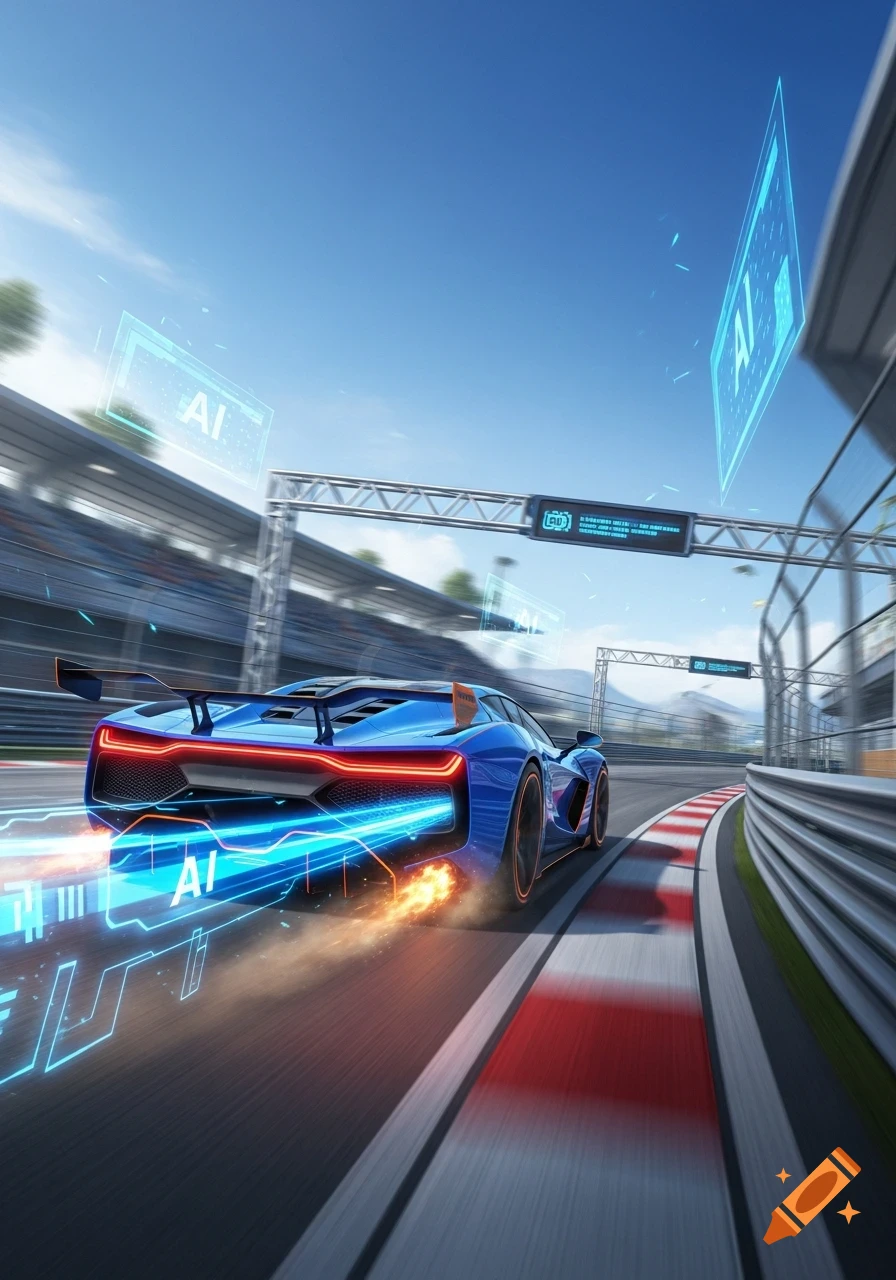 A sleek blue sports car with glowing blue trails and flame exhaust speeds around a race track, with 'AI' displayed on floating screens and the car.