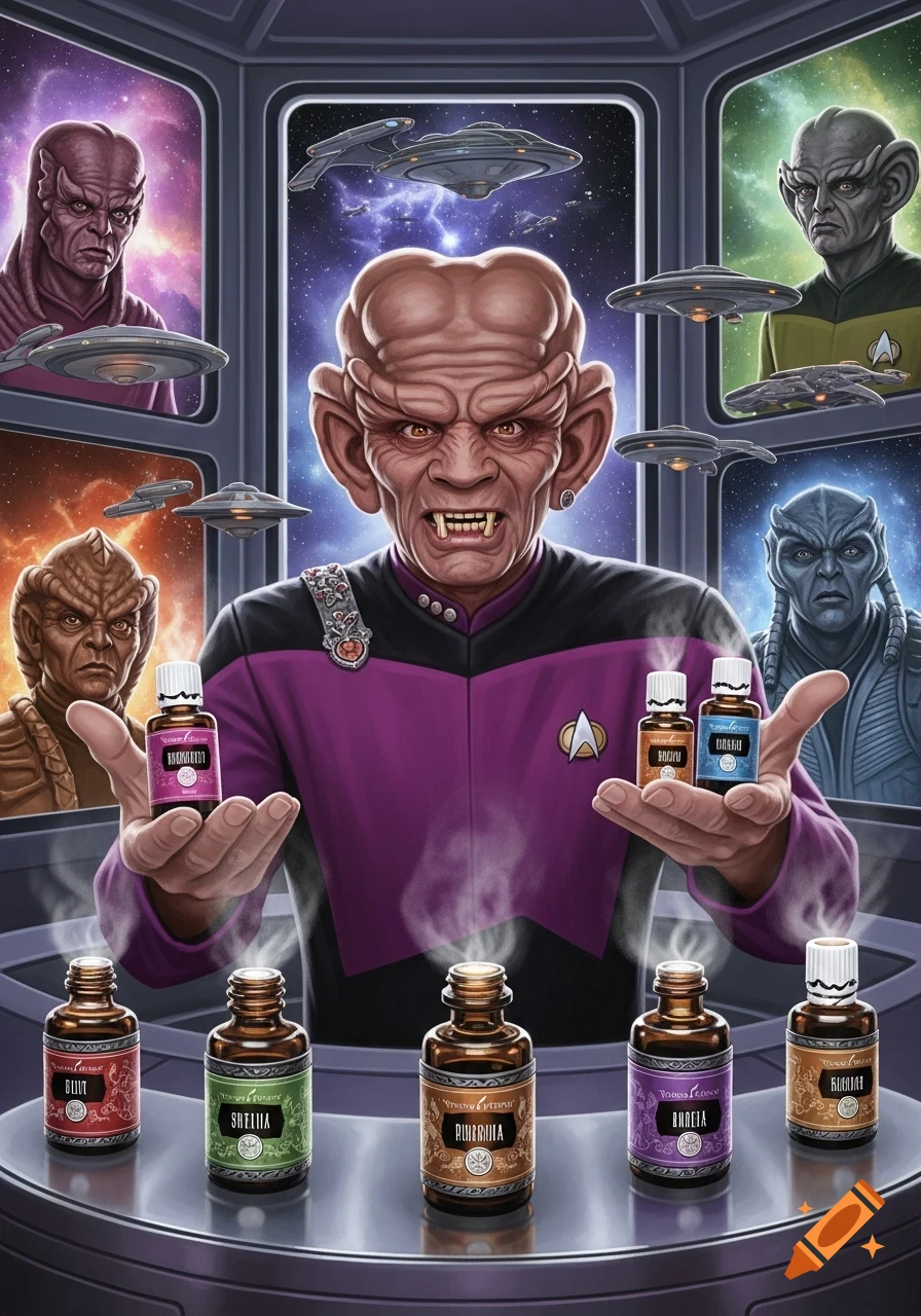 A snarling Ferengi character in a Starfleet uniform holds two bottles of essential oils, with five more on a table below, surrounded by Star Trek characters in windows and starships in space.