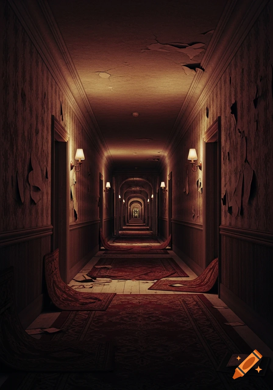 An endless, dimly lit, eerie hotel corridor with peeling wallpaper, torn red carpets, and flickering wall lamps, creating a sense of dread.