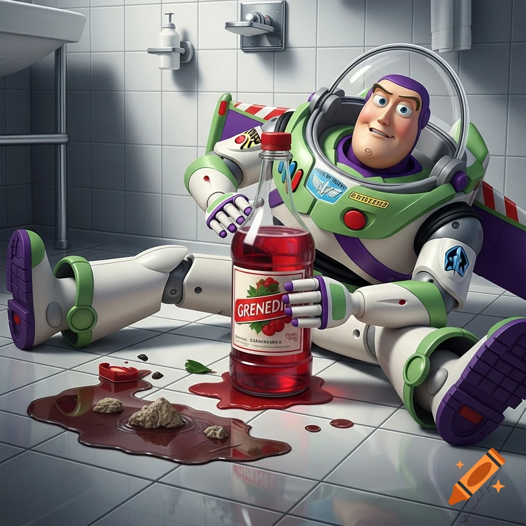 Buzz Lightyear sits on a tiled bathroom floor, holding a bottle of grenadine with a red liquid spill and dirt around it.