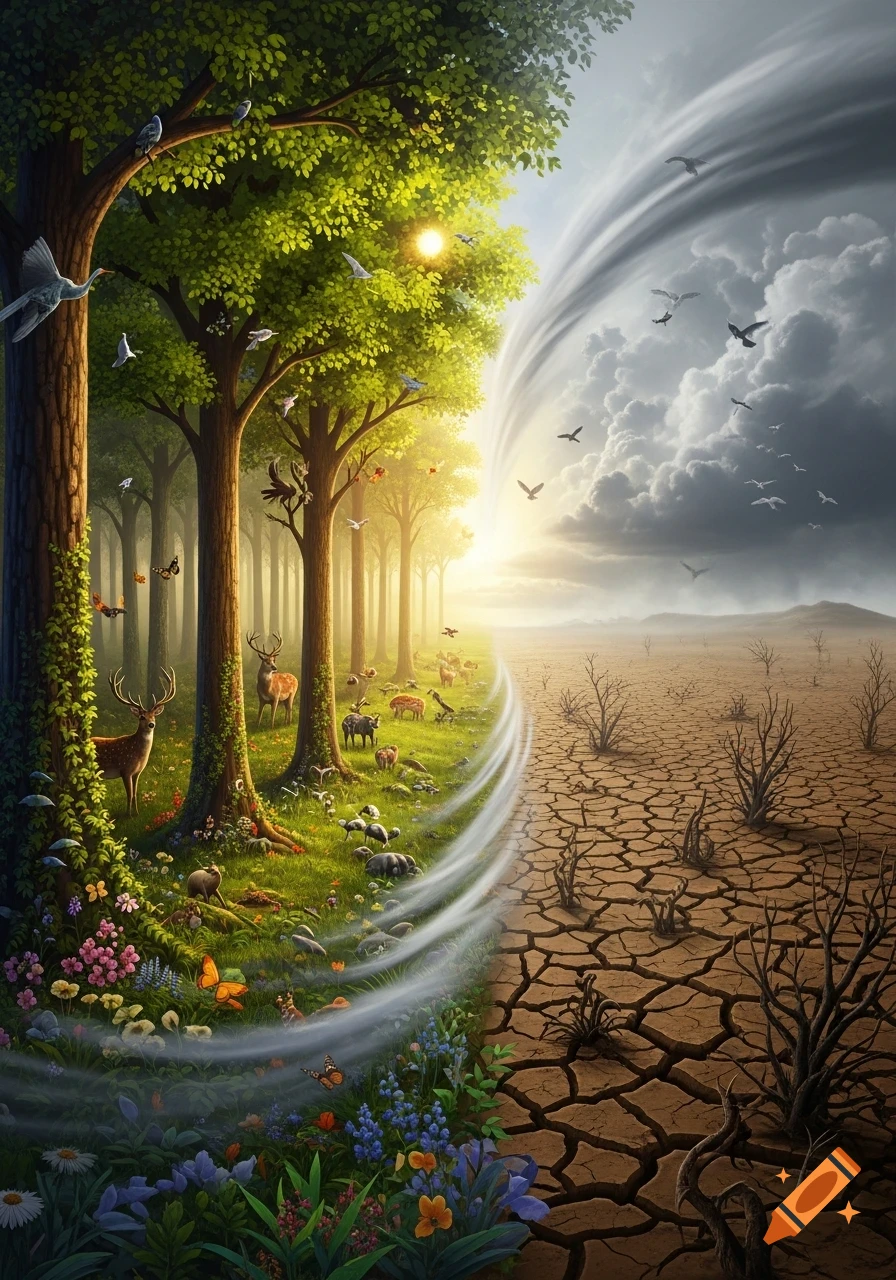 A stylized depiction of climate change, with a vibrant, lush forest on the left filled with animals and trees, dramatically transitioning into a cracked, barren desert on the right under a stormy sky.
