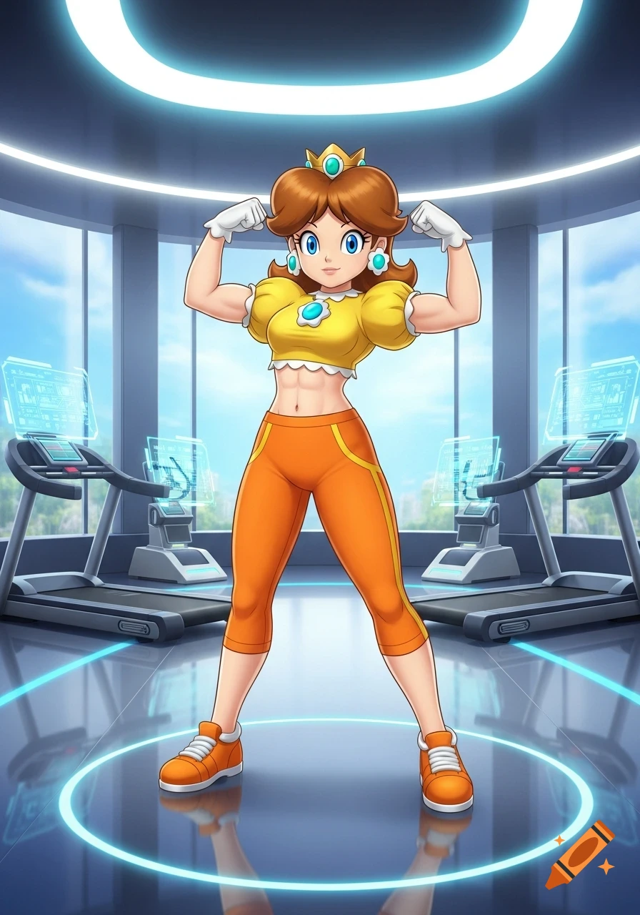 Princess Daisy flexing her muscular arms in a futuristic gym, anime style.